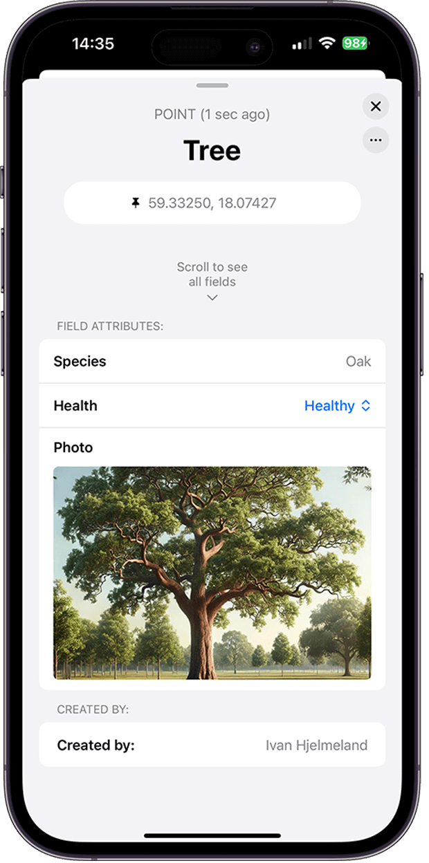 Tree observation with species, health, photo, and location