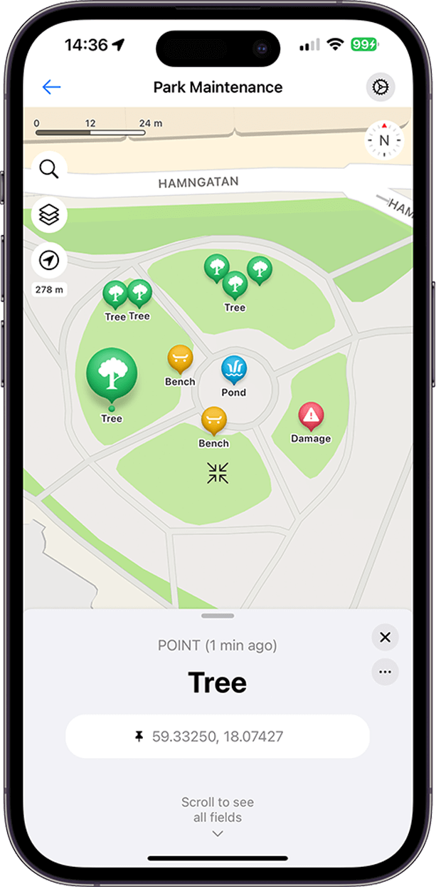 GeoCollect Pro map with trees, benches, and a selected point